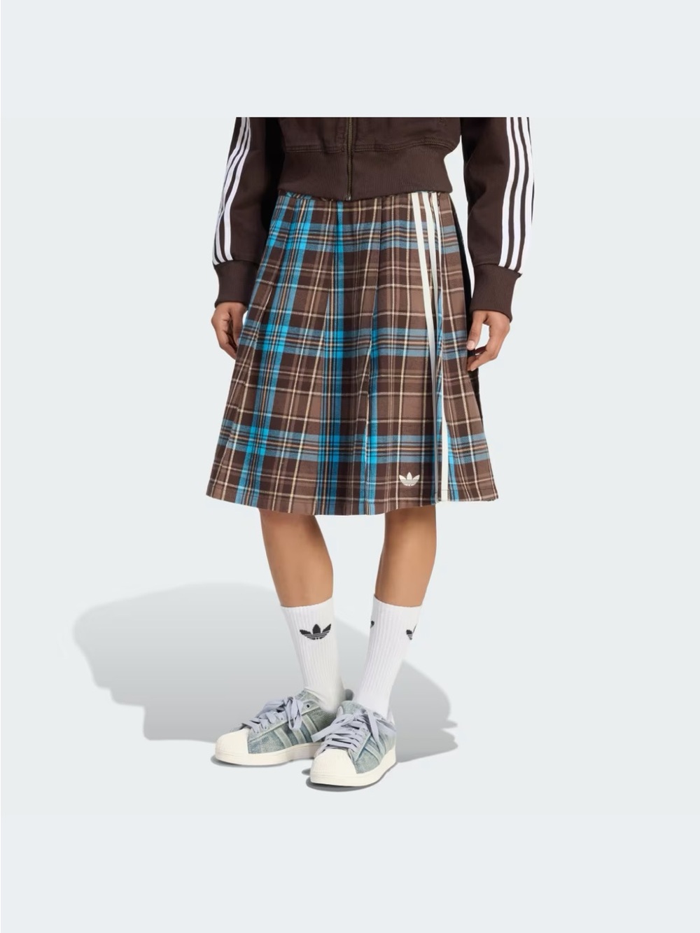 adidas Brown Plaid Midi Pleated Skirt with Blue Accents